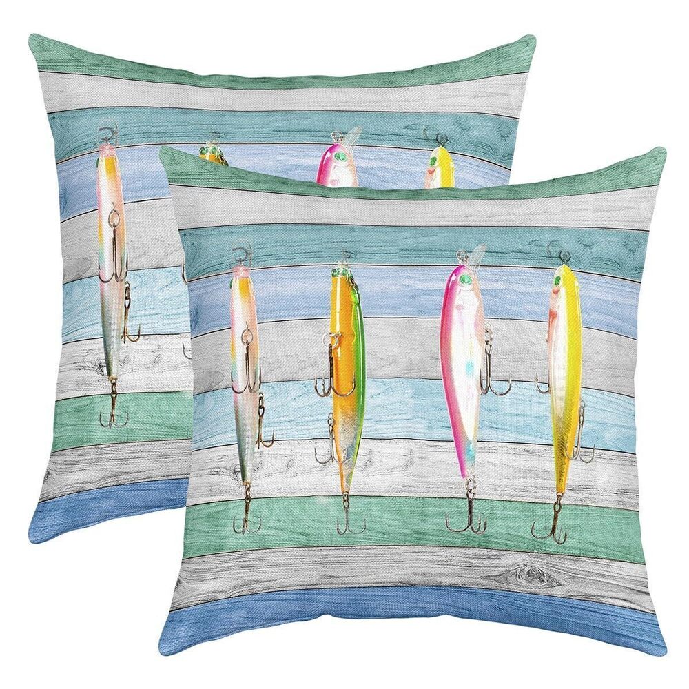 6628 Colorful Fish Pillow Covers 20x20 Inch Set of 2, Fish Hook Fishing